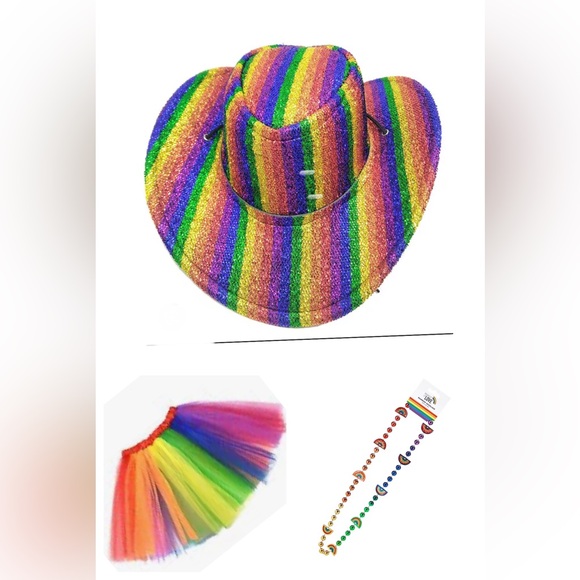 Adult Rainbow Cowboy Hat, Necklace and Tutu - Picture 1 of 4